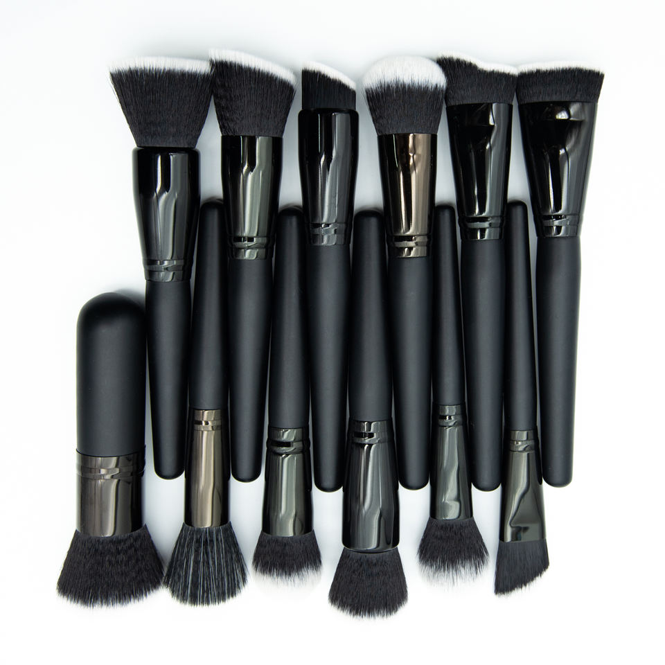 12‑Piece Makeup Brush Set – Black & White Fiber with Black Wood Handle for Permanent Makeup Training