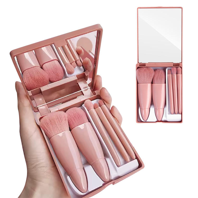 5‑Piece Mini Makeup Brush Set with Mirror – Travel‑Friendly Compact Case, Soft Fiber Bristles, Custom Logo Wholesale
