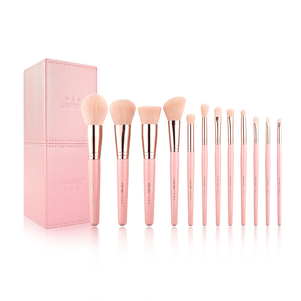 High Quality 10‑Piece Pink Fan Makeup Brush Set – Synthetic Hair with Holder at Factory Price