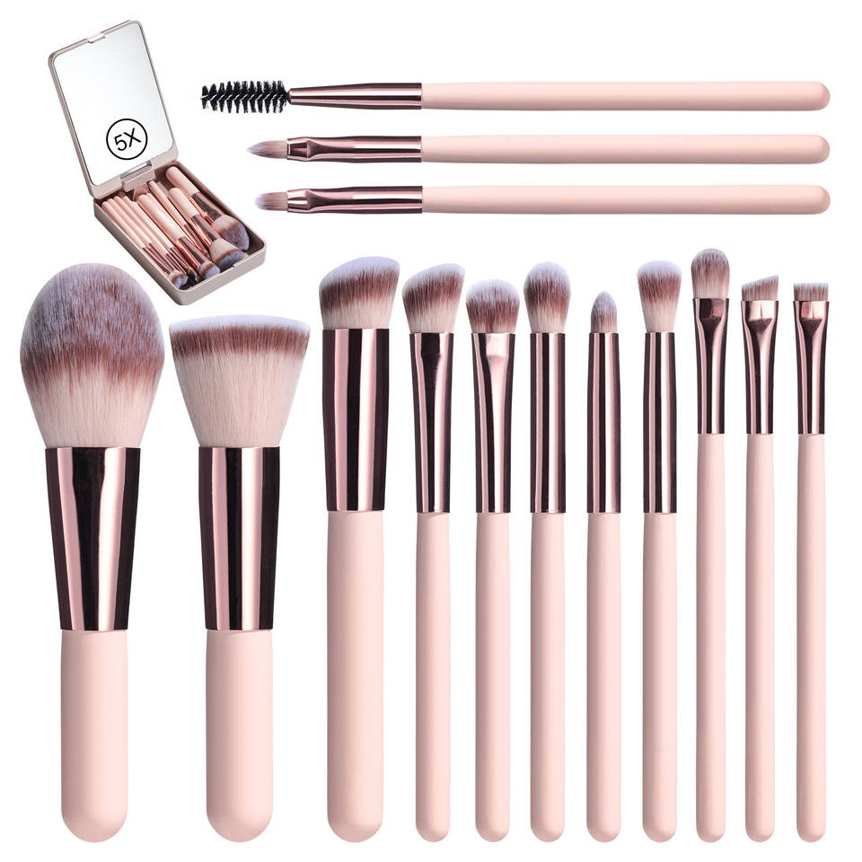 Travel 14‑Piece Makeup Brush Set with LED Lighted Mirror Case – Portable Face Brushes, Private Label Customization