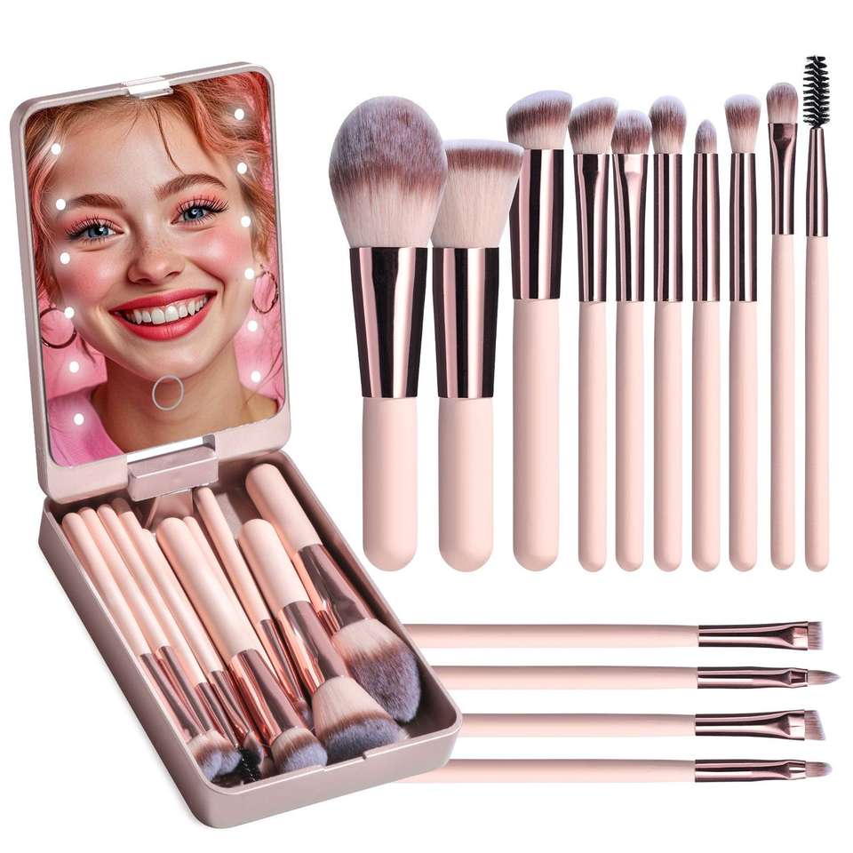 ORANGLES Travel 14‑Piece Makeup Brush Set with LED Lighted Mirror Case – Portable Face Brushes, Private Label Customization - high resolution display - exposing craftsmanship - Image 2 of 2 | built for everyone | Travel 14‑Piece Makeup Brush Set with LED Lighted Mirror Case – Portable Face Brushes, Private Label Customization for sale Georgia | Free Shipping ORANGLES