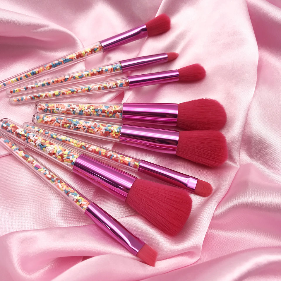 8‑Piece Rose Pink Quicksand Makeup Brush Set – Transparent Handle, Synthetic Bristles, Cute Candy Bag