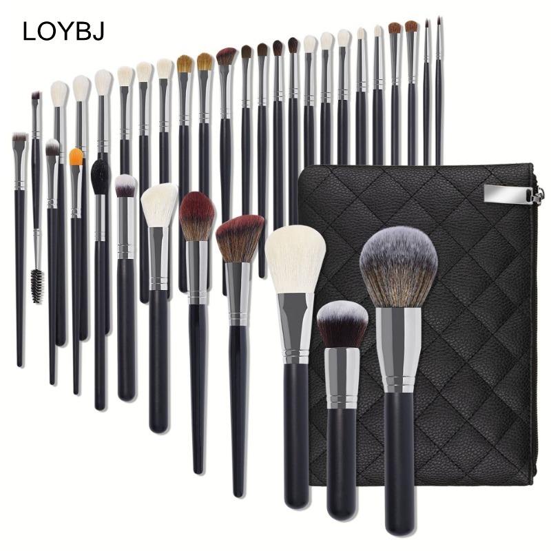 Professional 34‑Piece Luxury Makeup Brush Set – Super Soft Synthetic Fiber Fan Brushes with Black & Silver Wood Handles, Private Label