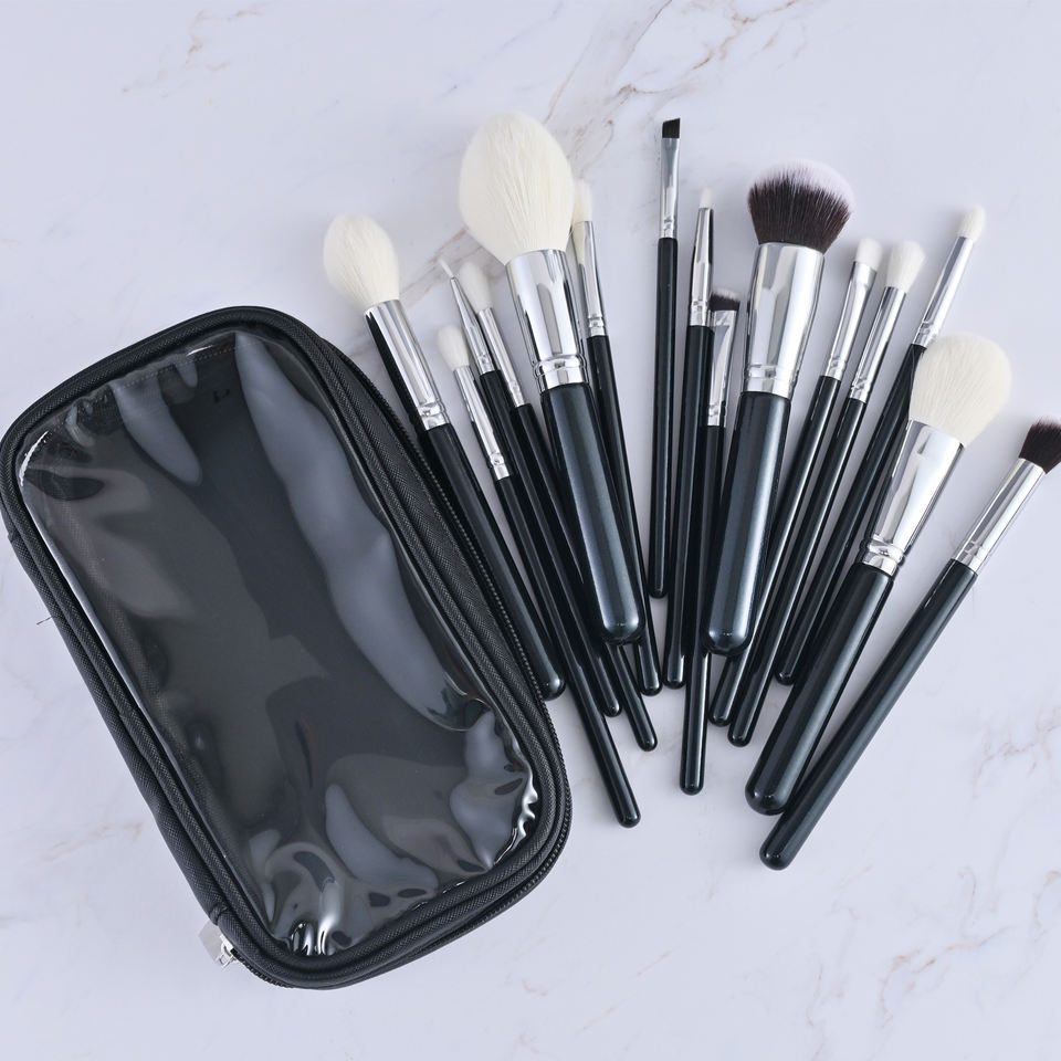 Wholesale 15‑Piece Kabuki Makeup Brush Set – Black & Silver Vegan Synthetic Hair, Custom Private Label with Bag