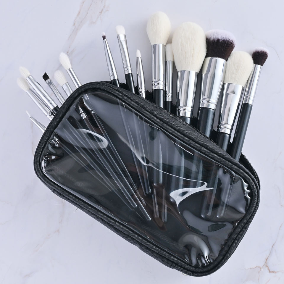 ORANGLES Wholesale 15‑Piece Kabuki Makeup Brush Set – Black & Silver Vegan Synthetic Hair, Custom Private Label with Bag - high resolution display - exposing craftsmanship - Image 2 of 2 | built for everyone | Wholesale 15‑Piece Kabuki Makeup Brush Set – Black & Silver Vegan Synthetic Hair, Custom Private Label with Bag for sale Georgia | Free Shipping ORANGLES
